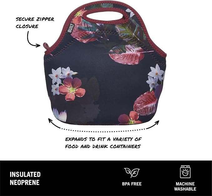 BUILT Gourmet Getaway Soft Neoprene Lunch Tote, Lightweight, Insulated, and Reusable, One Size, Midnight Botanical - Image 2