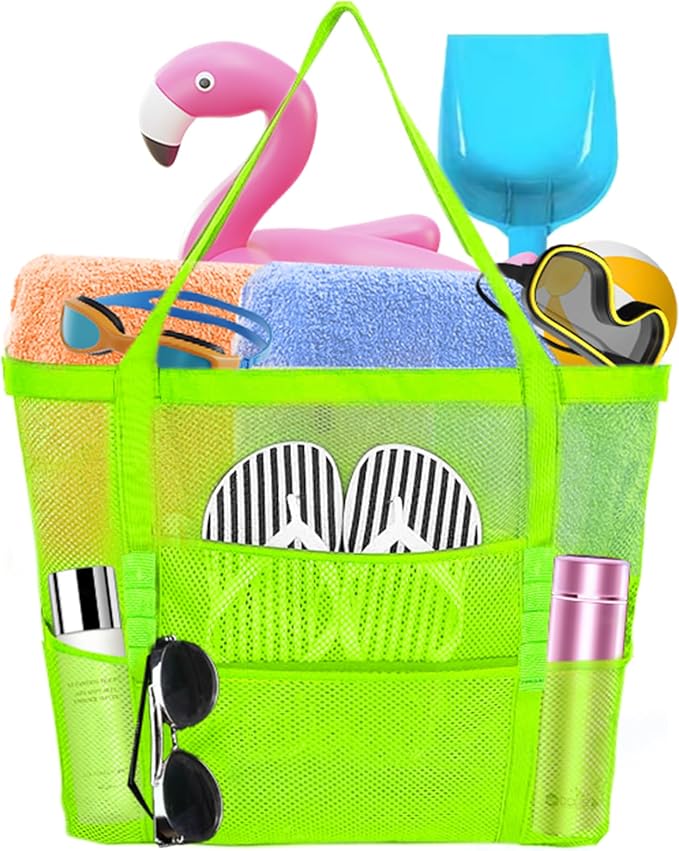 Large Mesh Beach Bag - Lightweight & Foldable Family Beach Bag with 9 Pockets for Toys, Towels & Vacation Essentials by Yunaeduo