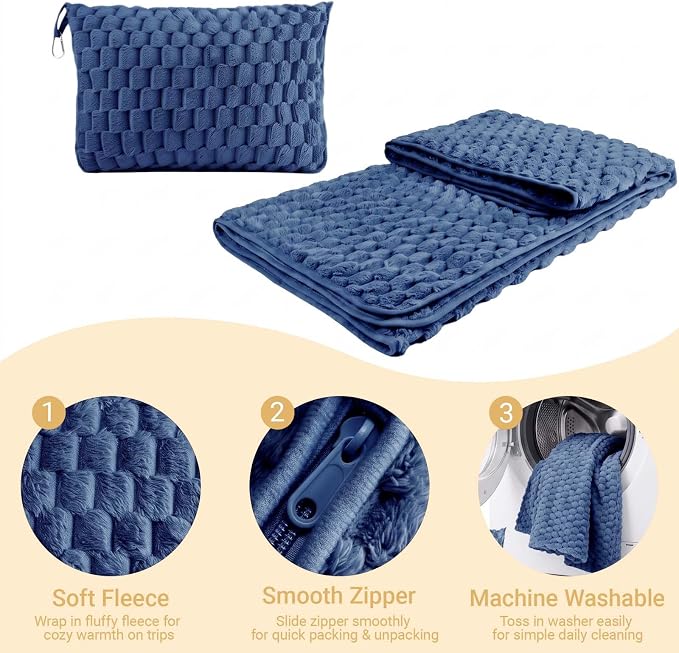Travel Blanket with Bag, Soft Fleece Portable Airplane Blanket, Navy Blue | Soft fleece travel blanket 50x60in grey. 5-in-1: pillow, lumbar support, shawl, hand warmer. Washable, luggage sleeve, clip. - Image 2