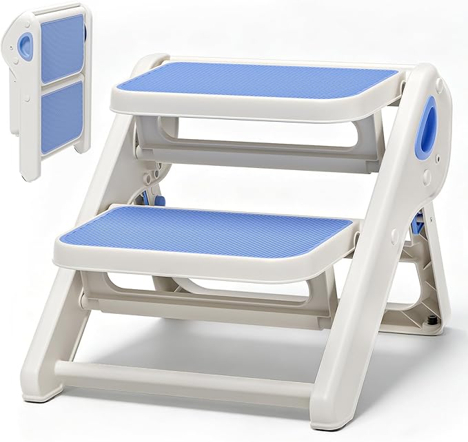 Foldable Toddler Step Stool for Bathroom Sink, Toilet, Bedroom, Kitchen – Non-Slip, Space-Saving, BPA-Free, Supports 110 lbs, Kids Step Stool (Blue) by Unknown