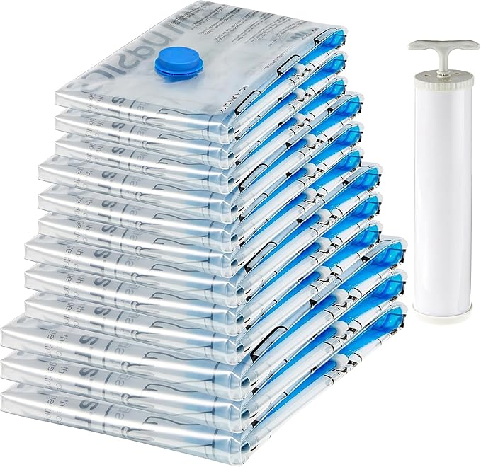 Amazon Basics Vacuum Storage Bags with Hand Pump for Travel, Space Saving Compression Bags for Clothes and Blankets, Clear, 12 Pack (3 Small, 3 Medium, 3 Large & 3 Jumbo) by AmazonBasics