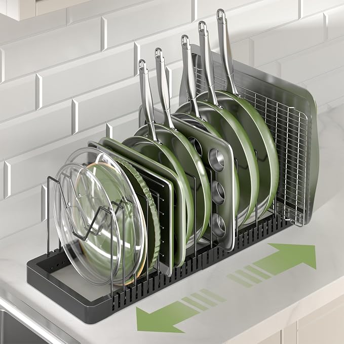 Pots and Pans Organizer under Cabinet, Expandable Pot Lid Organizer Holder with 14 Adjustable Compartment, Pan Organizers inside Cabinet for Lids, Bakeware, Kitchen Storage Pot Rack, Black - Image 6