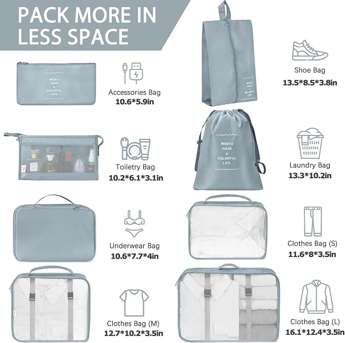 KPX 8 Set Packing Cubes for Travel, Luggage Packing Organizers Accessories Large Toiletries Bag for Clothes Shoes Cosmetics (Grey) - Image 2