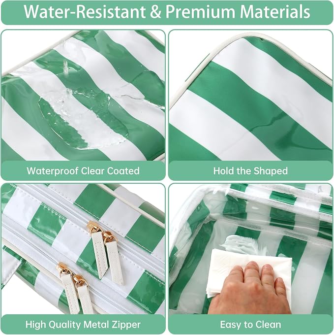 Toiletry Bag for Women, White and Green Stripe | Clear Coated,Waterproof,Multiple Compartment,Open Flat,Handle,Travel Organizer for Shampoo,Conditioner,Cosmetic Accessories - Image 2