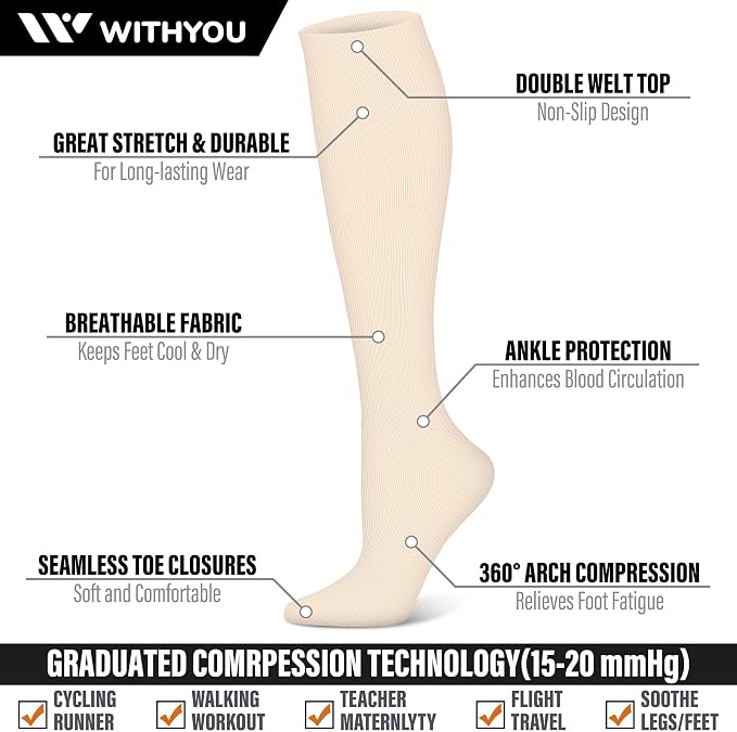 WITHYOU 3 Pairs Compression Socks for Women & Men 15-20 mmHg,Best Support for Nurses Running Hiking - Image 3