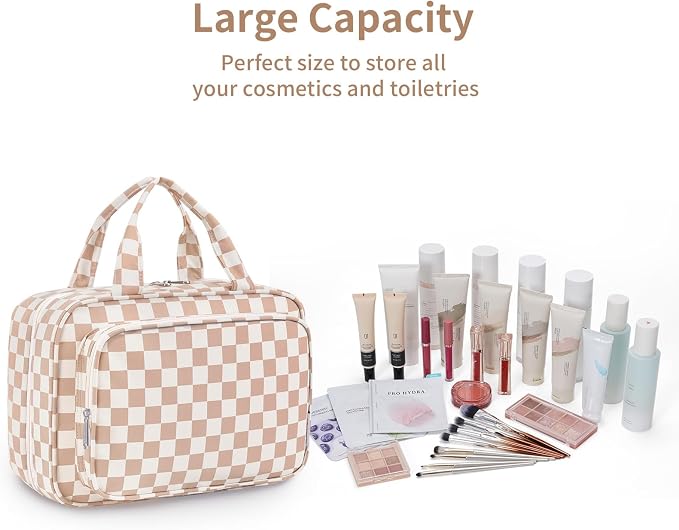 Narwey Travel Toiletry Bag for Women Large Hanging Makeup Bag Organizer Toiletries Bag for Full Size Essentials Accessories Cosmetics (Light Checkerboard (Large)) - Image 6