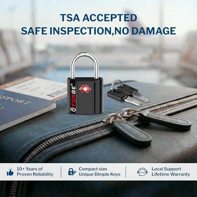 Forge Small Size TSA Approved Luggage Locks: Key Locks for Travel. Ultra Secure Dimple Key Travel Locks Alloy Body Luggage Locks. Black 8 Pack. - Image 2