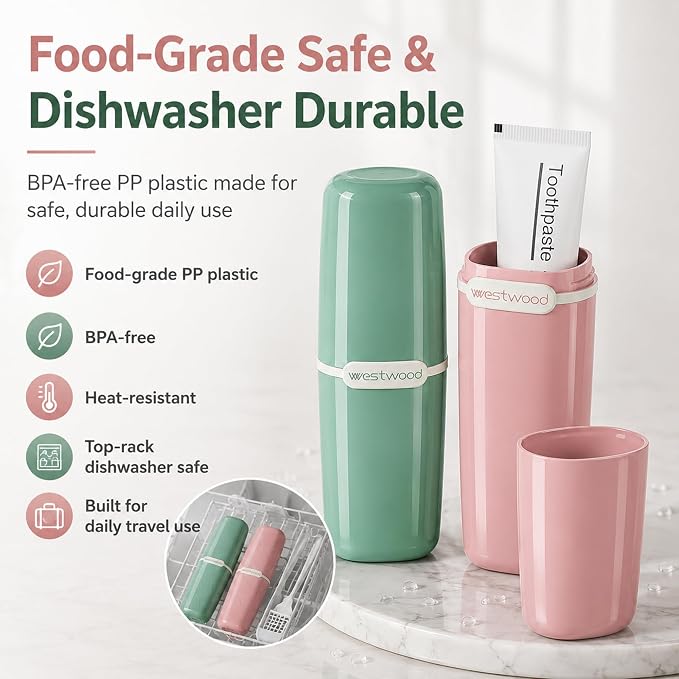 HyJeryty Simple Green Toothbrush Travel Case, Portable Travel Toothbrush & Toothpaste Holder Cover Organizer Container with Mouthwash Cup for School, Camping, Business Trip, Bathroom Storage - Image 4