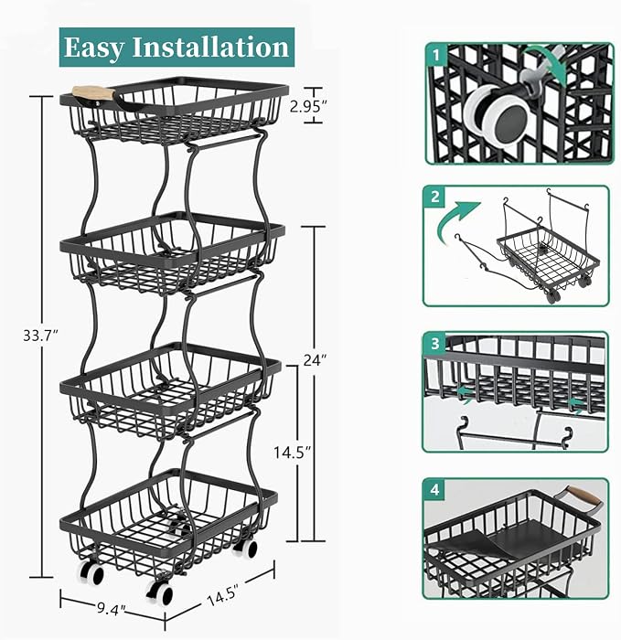 CHLORYARD 4 Tier Slim Fruit Basket for Kitchen, Stackable Metal Wire Fruit Vegetable Storage Baskets Organizer Stand on Wheels, Produce Basket Potato Onion Storage Bins Rack for Pantry. (Black) - Image 6