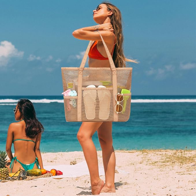 Fammart Mesh Beach Bag for Women, Summer Straw Tote Hobo Pool Bags with Zipper Pocket, Travel Vacation Cruise Essentials 2026 - Image 2
