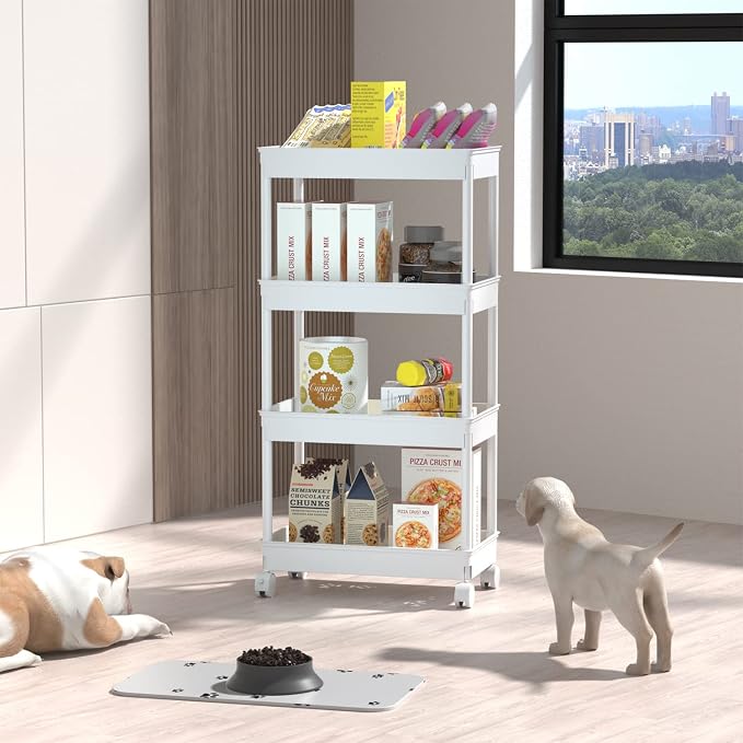 Sooyee 4 Tier Wide Storage Cart Mobile Shelving Unit Organizer Slide Out Storage Rolling Utility Cart Tower Rack for Kitchen Bathroom Laundry, Plastic & Stainless Steel,White - Image 6