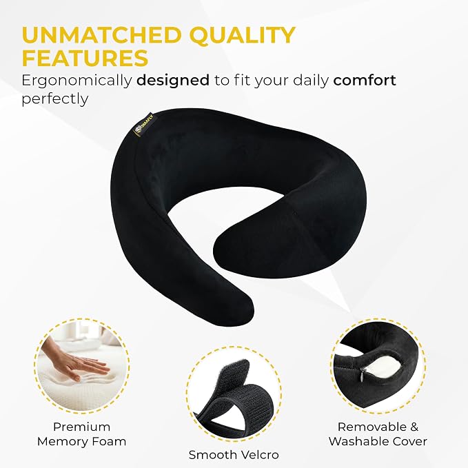 Travel Neck Pillow – Airplane Travel Essentials with Ergonomic Memory Foam Comfort – Premium Travel Pillows for Airplanes and Long Journeys, Compact Carry Pouch (Black) - Image 3
