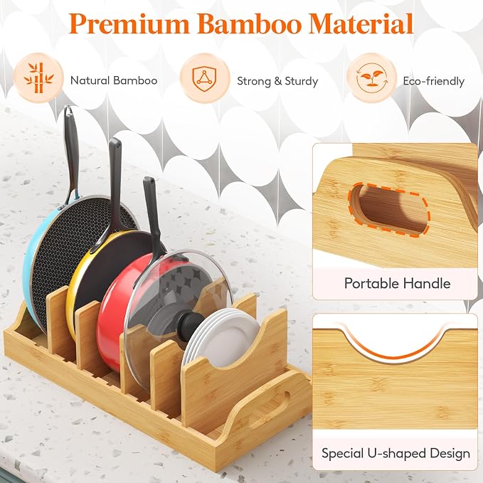 Lifewit Bamboo Lid Organizers for Inside Cabinet with 7 Sections | Pan Lid Holder with 6 adjustable Inserts, Kitchen Pantry organizer and storage, Extra Large, 15.6" X 8.1", Natural - Image 4