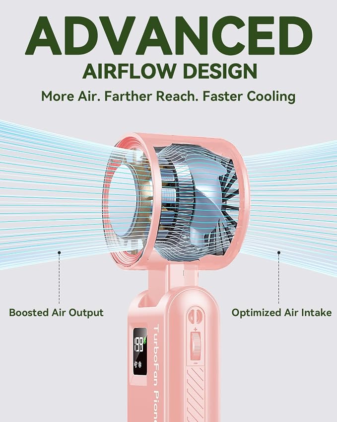 Portable Handheld Fan with Ice Cooling, 7.5m/s High Speed Turbo Fan, 150° Foldable 4-in-1 Personal Neck Fan, 199 Speed Stepless Control, USB-C Rechargeable for Travel, Makeup, Hiking,Pink - Image 4