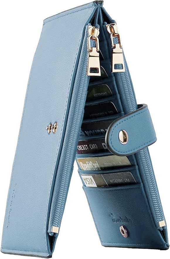 Travelambo Womens Leather Bifold Wallet, Slim RFID Blocking Card Holder | Large Capacity, 16 Card Slots & ID Window, 2 Zipper Pockets, Dual Snap Closure, Slim Lightweight, RFID Privacy Protection by Travelambo
