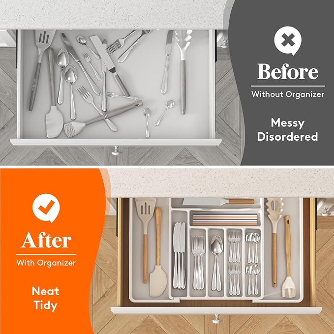 Lifewit Expandable Silverware Drawer Organizer, Kitchen Utensil Tray | BPA-free Plastic Flatware Cutlery Holder, Space-Saving Storage for Spoons Forks Knives, 13-22.4 x 15“, White - Image 8