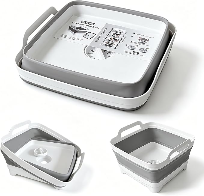 Collapsible Wash Basin with Drain Plug - 2.4 Gallon Foldable Kitchen Sink for Baby Bottles, RV Camping, Space-Saving Dish Tub (Gray) by Gimwa-foldtokeepopenformore