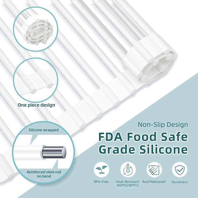 Ohuhu Over Sink Dish Drying Rack, 17.6" W x 15.4" L Roll Up Dish Racks Kitchen Sink Organizer Silicone Wrapped Large in Sink Dish Drying Rack Foldable Rolling Drain Mats Anti-Slip - Image 4