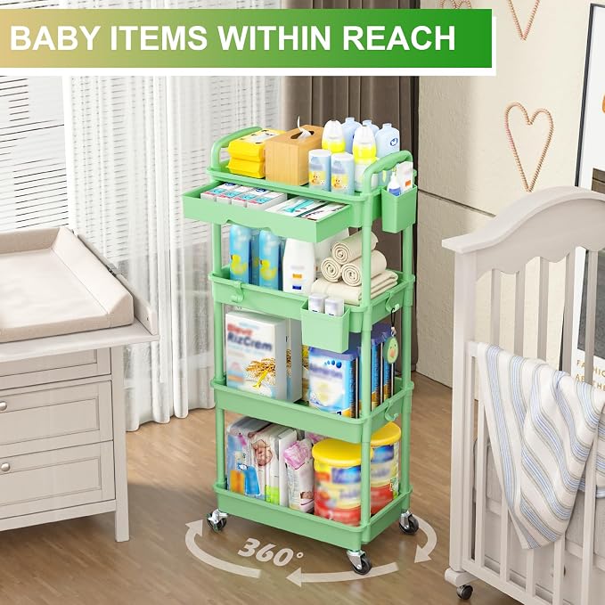Goovilla 4 Tier Rolling Utility Cart Organizer with Removable Drawer, Green | Stable and Sturdy Rolling Storage Carts with 2 Lockable Wheels for Bathroom, Kitchen, Snack, Craft, Makeup, Baby Essentials - Image 6