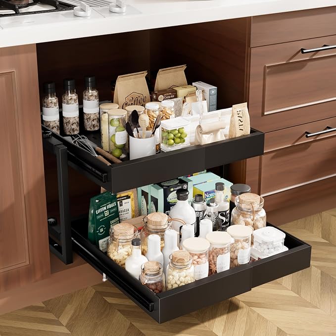 2-Tier Expandable Pull Out Cabinet Organizer, Heavy Duty Adjustable Width Metal Slide Out Shelf, No Screw Cabinet Storage Rack for Kitchen Bathroom 17in Depth Cabinet（Black） by RefinedElegance