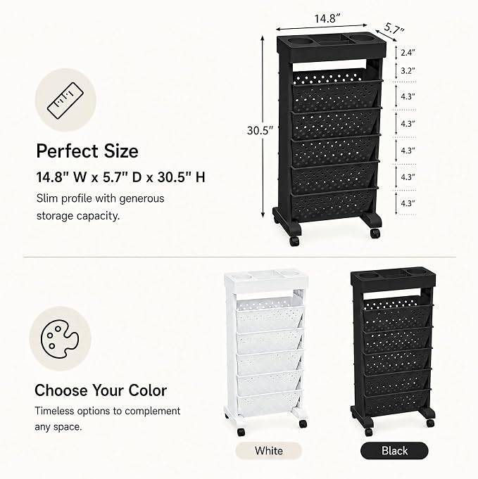 6-Tier Rolling Bookshelf Magazine Rack with Wheels Black | Mobile Bookcase, Book Storage File Folder Organizer Cart for Home Study Office Living Room Classroom - Image 3