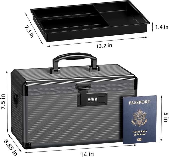 Medicine Lock Box with Code, Locking Medicine Box with Removable Tray & Pocket Bag, Portable First Aid Box for Home&Travel, 14 * 8.85 * 7.5 Inch (Black) - Image 2