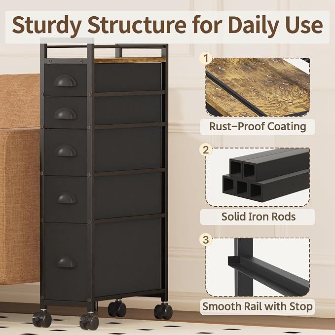 LASZOLA Narrow Cabinet Slim Storage Cart for Bathroom Small Space, Black | 5 Tiers Skinny Rolling Organizer Shelf with Sturdy Fabric Drawers, Lightweight Mobile on Wheels, Between Washer and Dryer - Image 5
