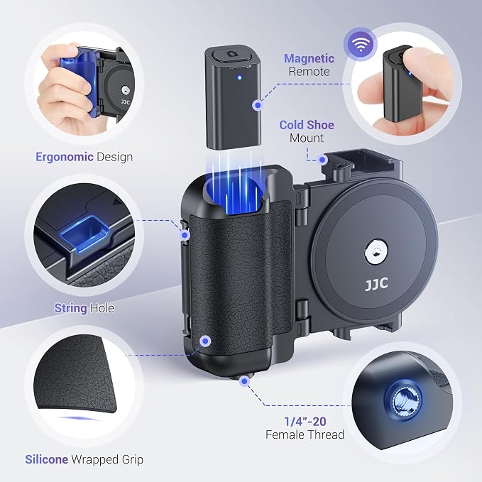 Phone Camera Grip Smartphone Photography Shooting Clip with Tripod Mount & Detachable Wireless Shutter Remote Control, Cellphone Selfie Grip Handle Stand for iPhone & Other Phone Vlog Video Black - Image 6
