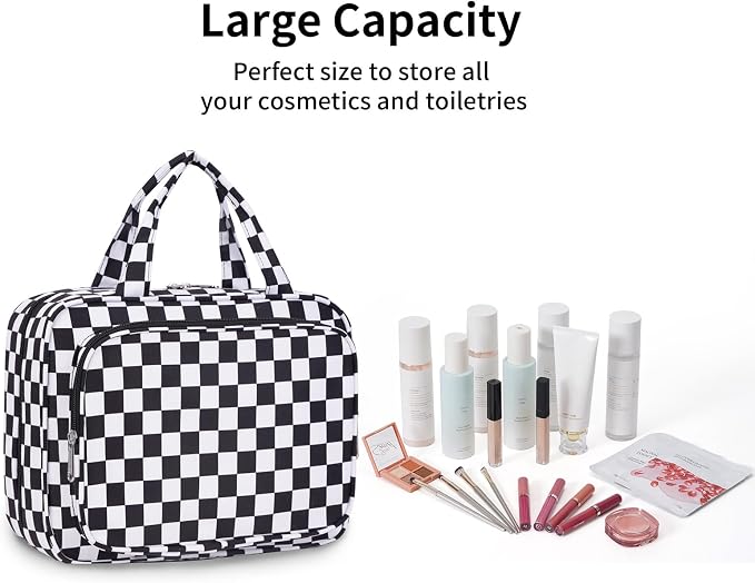 Narwey Hanging Toiletry Bag for Women Travel Makeup Bag Organizer Toiletries Bag for Travel Size Essentials Accessories Cosmetics (Black Checkerboard (Medium)) - Image 5