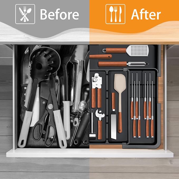 Large Utensil Drawer Organizer for Kitchen, Expandable Silverware Organizer Utensil Holder, Cutlery and Flatware Cooking Tray, Kitchen Drawer Organizers and Storage with Removable Knife Block, Black - Image 8
