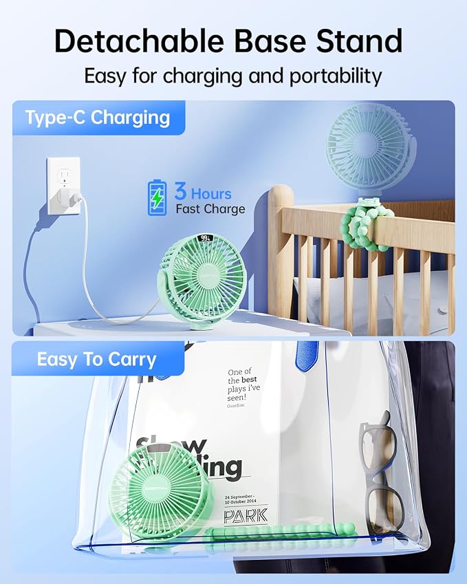 SWEETFULL Portable Stroller Fan with LED Display, 4 Speed Rechargeable Mini Clip On Fan, 360° Rotate Flexible Tripod Better Cooling Small Baby Fan for Car Seat Crib Travel Bike Treadmill (Green) - Image 7