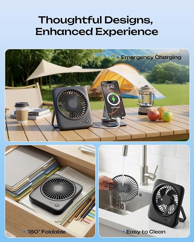 Otlonpe Personal Portable Desk Fan 2 Pack, 4000mAh Small Rechargeable Portable Fan Battery Operated & USB Powered for Travel Sleeping Bedroom Office Home Table, Cordless, Quiet, 4-Speed, 6.5 Inch - Image 6