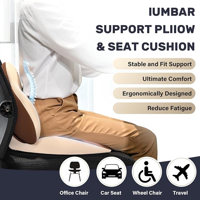 Coverado Car Seat Cushion and Lumbar Support Pillow, Memory Foam Ergonomic Back Support Driving Seat Cushion for Sciatica, Tailbone, Back Pain, Non-Slip Washable Cushion for Car, Driver, Office - Image 2