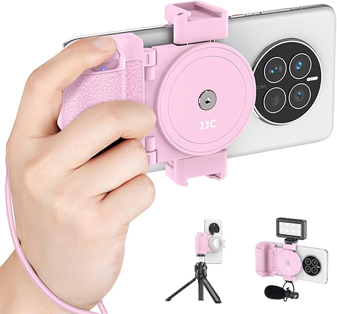 Phone Camera Grip Smartphone Photography Shooting Clip with Tripod Mount & Detachable Wireless Shutter Remote Control, Phone Selfie Grip Handle Stand for iPhone Samsung Android Phone Vlog Video Pink by Kiorafoto