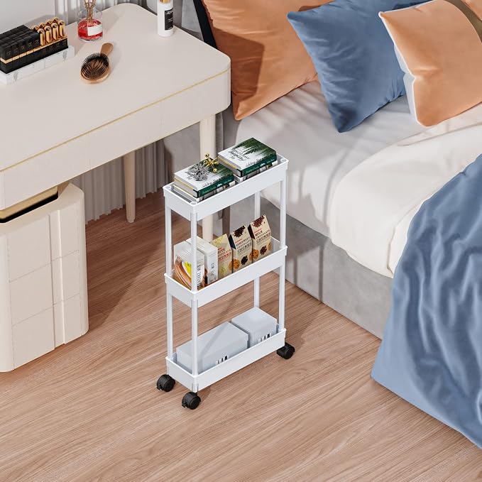 Sooyee Slim 3 Tier Rolling Cart with Wheels, Storage Cart,White | Under Desk Narrow Rolling Utility Cart Storage Organizer for Office Bathroom Kitchen Laundry Room Narrow Places - Image 2