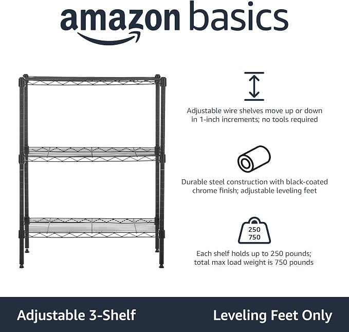Amazon Basics 3-Shelf Adjustable Heavy Duty Steel Wire Rack Storage Shelving Organizer with Storage Space, Versatility and Ease of Use for Kitchen, Garage, 23.2" L x 13.4" W x 30" H, Black - Image 4