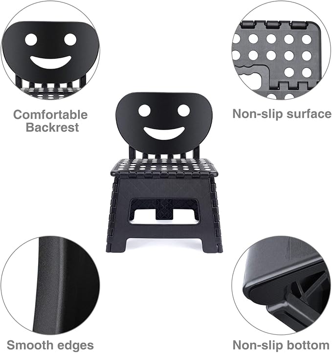 Folding Step Stool with Back Support for Kids,9" Kids Step Stool for Outdoor or Indoor Kitchen Step Stools and Bathroom Stool for Toddlers Boys Girls - Black - Image 3