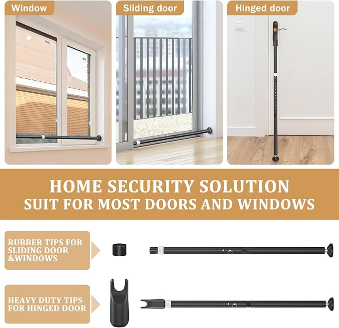 Sliding Door Security Bar and 2-in-1 Sliding Glass Door Stoppers Security for Patio, Home, Hotel Door Stick Security（2Pack Black） - Image 5