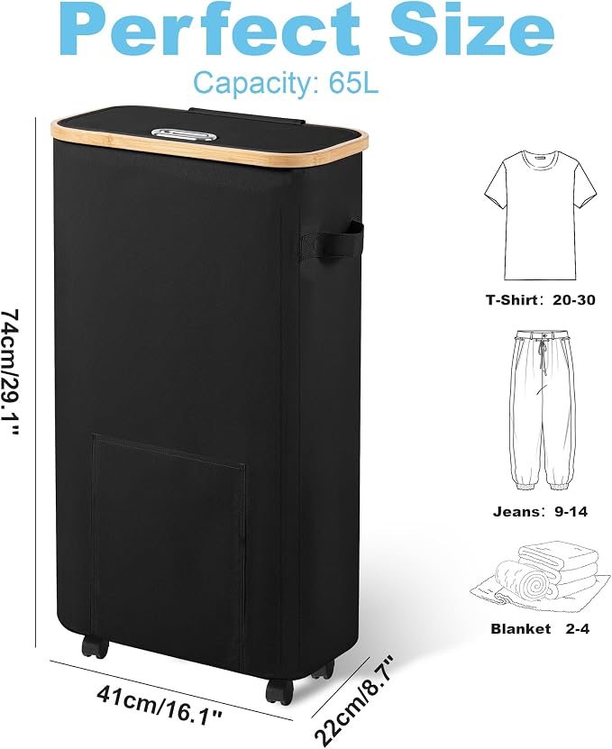 Vincona Laundry Basket with Wheels, Tall Dirty Clothes Hamper on Wheels, Rolling Laundry Hamper with lid for Dorm, Bedroom and Bathroom - Image 2