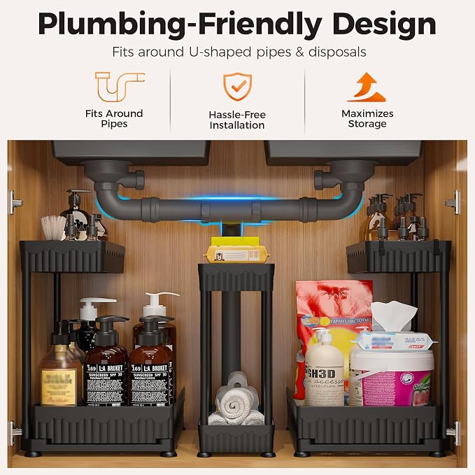 3-Pack 2-Tier L-Shaped Under Sink Organizers with Sliding Drawers | Multi-use kitchen & bathroom storage, 14.85 inch black cabinet organizer, space-saving sliding drawer design. - Image 4