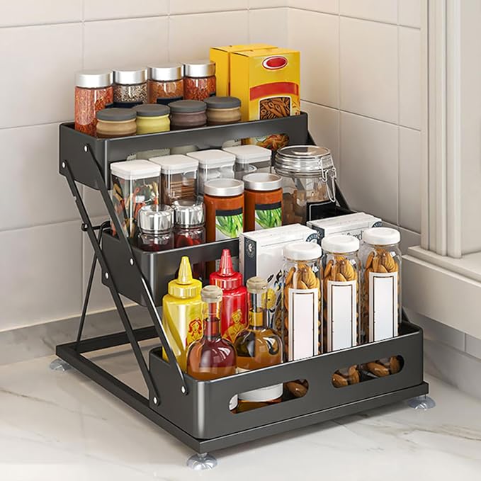 Ceetug 3 Tier Foldable Spice Rack, Black | Iron, For Countertop, Kitchen Seasoning Organizer, For Cabinet by ceetug