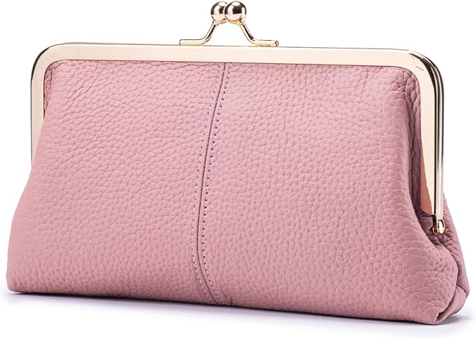 Genuine Leather Long Kiss Lock Wallet for Women – RFID Blocking Handheld Clutch Purse with 8 Card Slots, Money Clip, Zipper Coin Pocket for Travel, Work, Everyday Use – Gift for Her (Pink) by Unknown