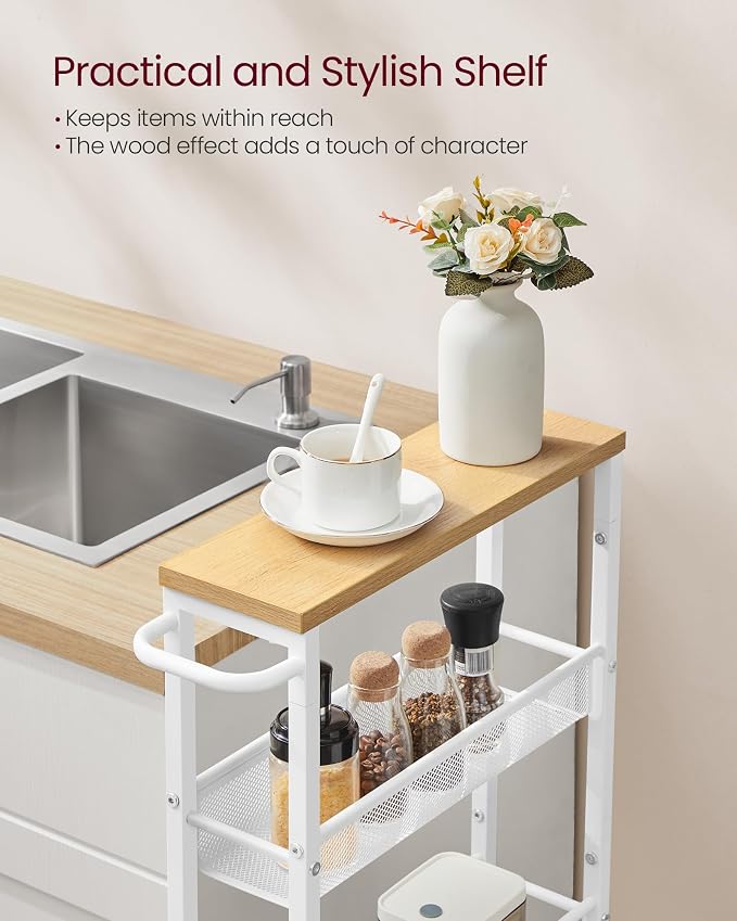VASAGLE Slim Rolling Cart, 5-Tier Storage Cart, Narrow Cart with Handle, 5.1 Inches Deep, Metal Frame, for Kitchen, Dining Room, Living Room, Home Office, Oak Beige and Classic White ULRC034W09 - Image 5