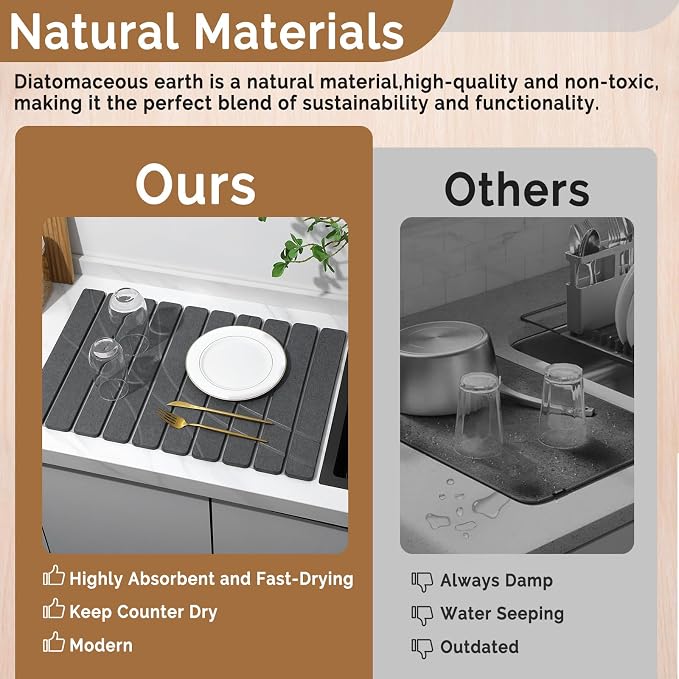 Large Stone Dish Drying Mat for Kitchen Counter,2 PCS Quick Dry Stone Mats,Foldable Water Absorbing Diatomaceous Drying Pad for Countertop Bottles Utensils Cups (Flow Line Dark Gray 24"x16" & 8"x4") - Image 7