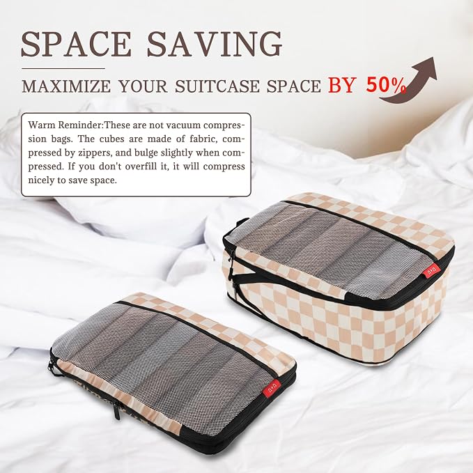 U+U 6 Set Compression Packing Cubes, Travel Organizers (Khaki Checkered) | Space-Saving & Drawstring Bag Included - Image 3