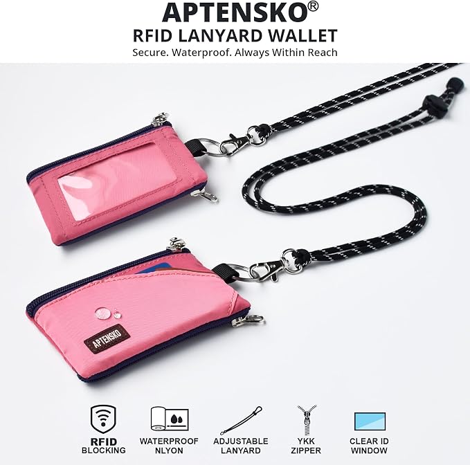 RFID Blocking Travel Wallet with Adjustable Lanyard, Small Nylon Zipper Pouch and Badge Holder for ID, Credit Cards, Cash, Keys, Commuters (Pink+RosePink) - Image 2