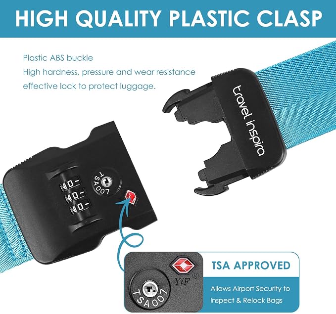 Travel Inspira Heavy Duty Luggage Straps with TSA Lock | Anti-Burst Protection; High Visibility Blue; TSA-Lock Belt with Tag; Adjustable 103-200cm; 20-28 Inch Bags; Anti-Burst - Image 6