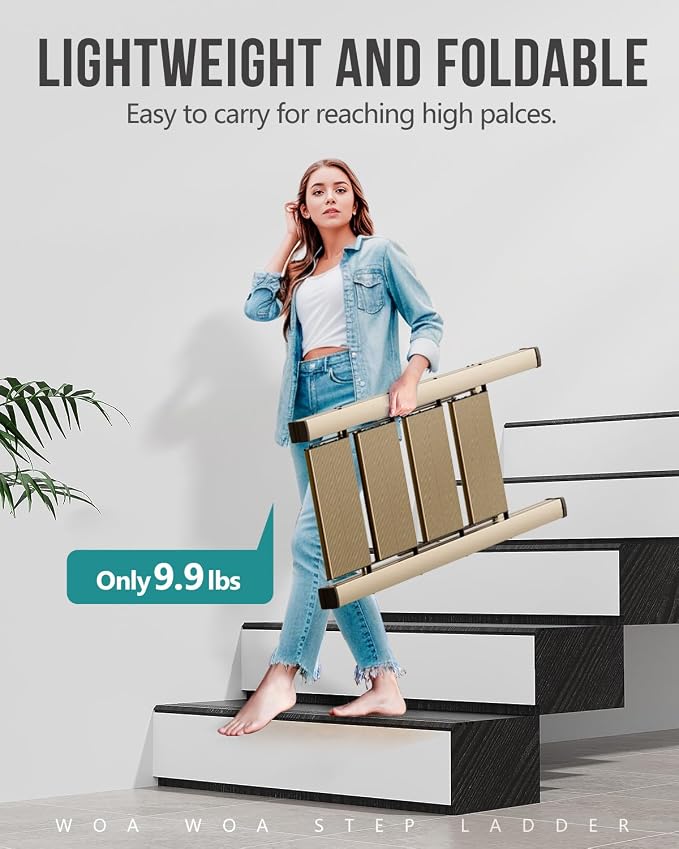 Aluminum 4 Step Ladder, Foldable Step Stool, 300lbs Load, Gold | Folded 43''H x 2''T; Net 9.9 lbs; Rigid Aluminum Steps; No Assembly; For Home, Kitchen, Office, Pantry, Closets, Cabinets - Image 2