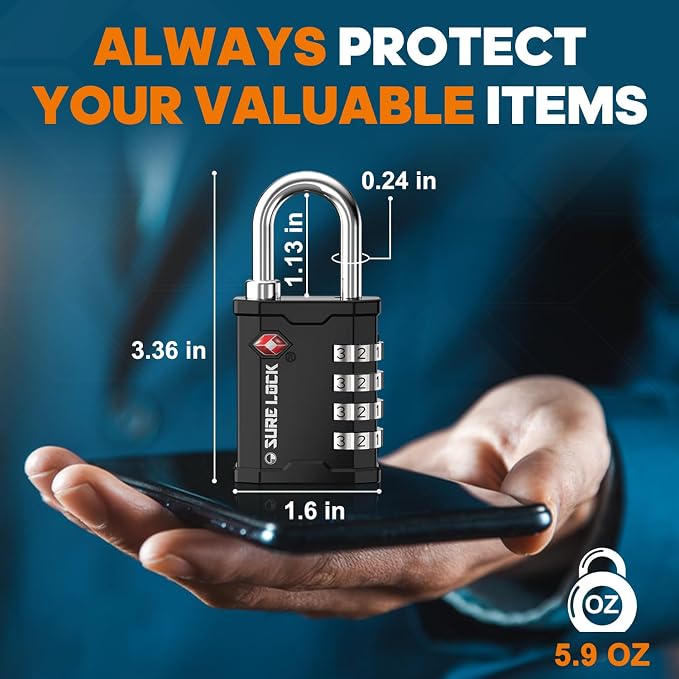 SURE LOCK TSA Approved 4 Digit Combination Lock, Heavy Duty Padlock with Red Dot Indicator for Gun Cases, Pelican Cases, Tool Boxes, Gym Lockers, Storage Units & Outdoor Gates(1,Black) - Image 6