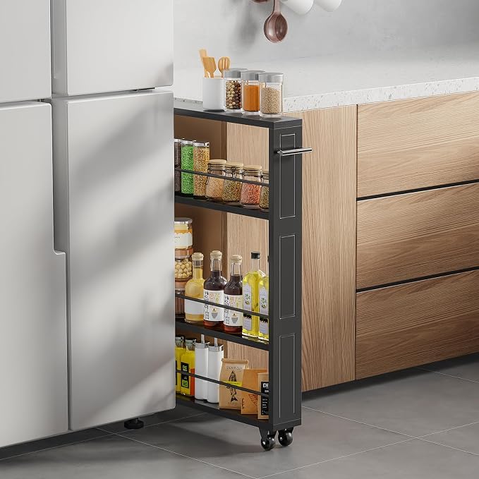 KLM Rolling Storage Cart 4-Tier Black Kitchen Cart with Wheels, Slim Storage Cart with Handle Slide Out Utility Cart Shelving Unit Organizer Trolley for Laundry Narrow Places Bathroom Small Corner - Image 5